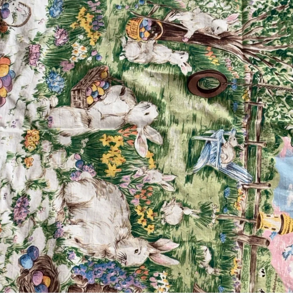 Easter Tablecloth Spring Rabbits Baskets In Garden Oval Cotton 54